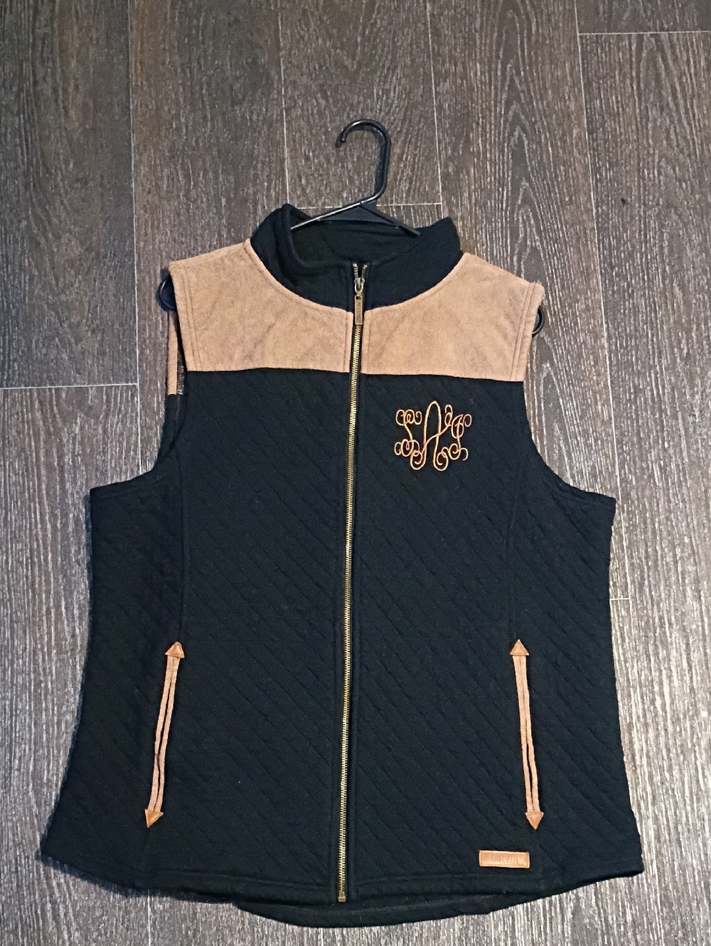 Quilted Black and Tan Zip-Front Vest with Monogram